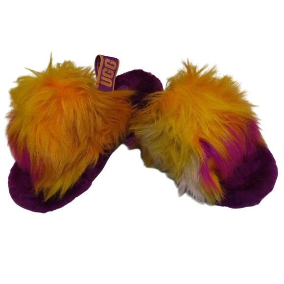 UGG Girls Fluffy Oh Yeah Fuzzy Slippers Size 13 Purple Yellow Faux Fur - Picture 2 of 8